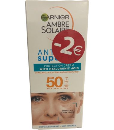 Cream with hyaluronic acid Sensitive advanced Anti-age SPF 50 Ambre Solaire Garnier (50ml) -2€