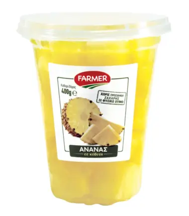Κουπάκια Ανανά Σε Κύβους Σε Φυσικό Χυμό FARMER (400gr)